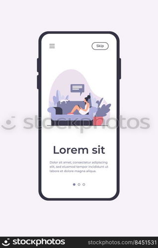 Young woman sitting on sofa with cat and mobile device. Girl, chatting, smartphone flat vector illustration. Home and relaxation concept for banner, website design or landing web page