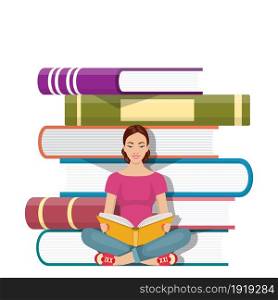 Young Woman Sitting on the floor and Reading Book . learning process concept Vector illustration in flat style. Young Woman Sitting on the Stack of Books