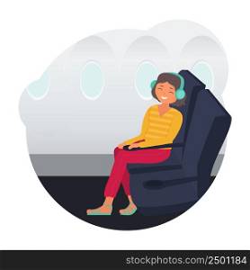 Young woman sitting on the plane and enjoying the flight. Template for comfortable flight concept. Traveler listens to music on headphones and smile. She feel safe
