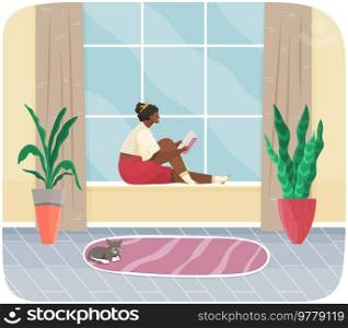 Young woman sitting on windowsill at home looking out window, relaxing reading book in evening. Female character rest in cozy interior. Spend time at home enjoy free time, dream, rest after work. Young woman sitting on windowsill at home looking out window, relaxing reading book, rest after work