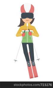 Young woman skiing vector flat design illustration isolated on white background. . Young woman skiing.