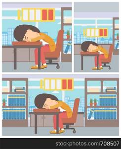 Young woman sleeping at workplace on laptop keyboard and low power battery sign over her head. Business woman sleeping in office. Vector flat design illustration. Square, horizontal, vertical layouts.. Woman sleeping at workplace vector illustration.