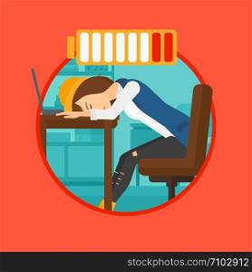 Young woman sleeping at workplace on laptop keyboard and low power battery sign over her head. Business woman sleeping in office. Vector flat design illustration in the circle isolated on background.. Woman sleeping at workplace.