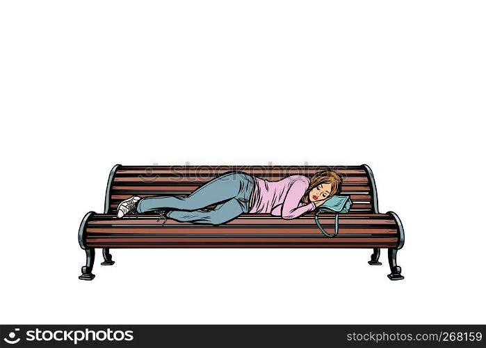 young woman sleeping on a bench. homeless. Pop art retro vector illustration kitsch vintage. young woman sleeping on a bench. homeless