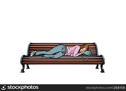 young woman sleeping on a bench. homeless. Pop art retro vector illustration kitsch vintage. young woman sleeping on a bench. homeless