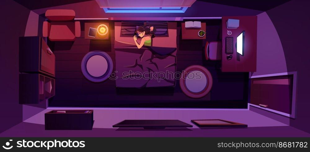 Young woman sleeping on bed at night room top view, dormant female character lying under blanket nap front of tv set at home or hotel, relaxing or sleep in cozy apartment, Cartoon vector illustration. Young woman sleeping on bed at night room top view