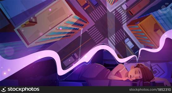 Young woman sleeping on bed seeing dream night city top view. Girl sleep in dark night room, dormant female character lying under blanket nap at home bedroom, relaxation, Cartoon vector illustration. Young woman sleeping on bed seeing night dream