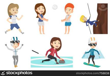 Young woman snowboarding on the background of mountains. Snowboarder on piste in mountains. Woman snowboarding in the mountains. Set of vector flat design illustrations isolated on white background.. Vector set of sport characters.