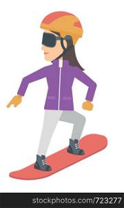 Young woman snowboarding vector flat design illustration isolated on white background. . Young woman snowboarding.