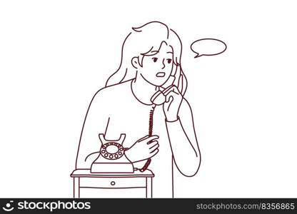 Young woman speak on old corded phone at home. Female have conversation on landline telephone. Communication and call. Vector illustration. . Young woman talk on landline phone 