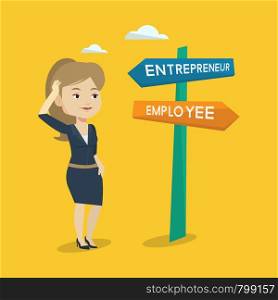 Young woman standing at road sign with two career pathways - entrepreneur and employee. Woman choosing career way. Woman making a decision of career. Vector flat design illustration. Square layout.. Confused woman choosing career pathway.