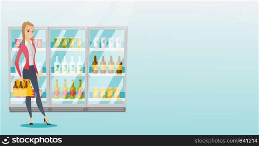 Young woman standing in alcohol store with pack of beer on the background of refrigerator. Woman buying beer. Beer lover holding pack with bottles. Vector flat design illustration. Horizontal layout.. Woman with pack of beer at supermarket.