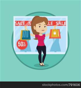 Young woman standing in front of clothes shop with sale sign. Woman holding shopping bags in front of storefront with text sale. Vector flat design illustration in the circle isolated on background.. Woman shopping on sale vector illustration.