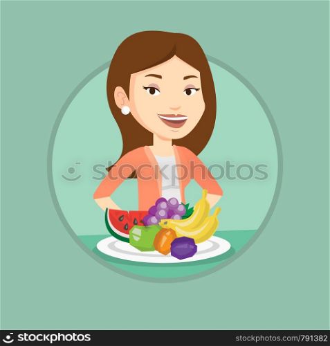 Young woman standing in front of table with fresh fruits. Woman with plate full of fruits. Caucasian woman eating healthy fruits. Vector flat design illustration in the circle isolated on background.. Woman with fresh fruits vector illustration.