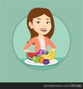 Young woman standing in front of table with fresh fruits. Woman with plate full of fruits. Caucasian woman eating healthy fruits. Vector flat design illustration in the circle isolated on background.. Woman with fresh fruits vector illustration.
