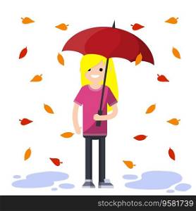 Young woman standing in the rain with umbrella. Fall of orange and red autumn leaves. Cartoon flat illustration. Protection from Bad windy weather. Young woman standing in the rain with umbrella.