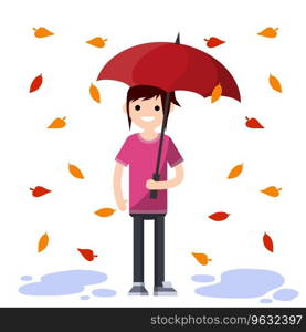 Young woman standing in the rain with umbrella. Fall of orange and red autumn leaves. Cartoon flat illustration. Protection from Bad windy weather. Young woman standing in the rain