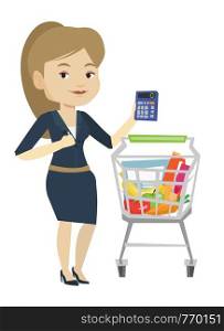 Young woman standing near supermarket trolley with calculator in hand. Woman checking prices on calculator. Woman counting on calculator. Vector flat design illustration isolated on white background.. Female customer counting on calculator.