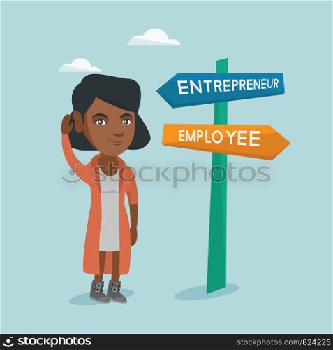 Young woman standing near the road sign with two career pathways - entrepreneur and employee and choosing career way. Woman making a decision of her career. Vector cartoon illustration. Square layout.. Confused african woman choosing career pathway.
