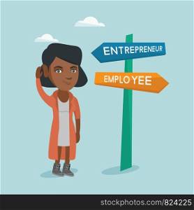 Young woman standing near the road sign with two career pathways - entrepreneur and employee and choosing career way. Woman making a decision of her career. Vector cartoon illustration. Square layout.. Confused african woman choosing career pathway.
