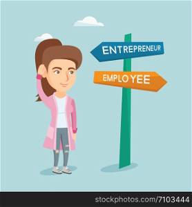 Young woman standing near the road sign with two career pathways - entrepreneur and employee. Woman choosing career way. Woman making a decision of career. Vector cartoon illustration. Square layout.. Confused caucasian woman choosing career pathway.