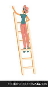 Young woman standing on garden ladder semi flat color vector character. Full body person on white. Harvesting season simple cartoon style illustration for web graphic design and animation. Young woman standing on garden ladder semi flat color vector character