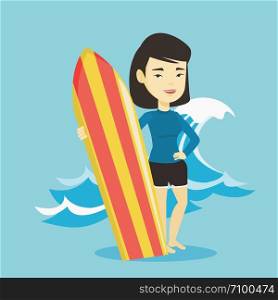Young woman standing with a surfboard on the beach. Professional surfer with a surf board on the beach. Surfer standing on the background of sea wave. Vector flat design illustration. Square layout.. Surfer holding surfboard vector illustration.