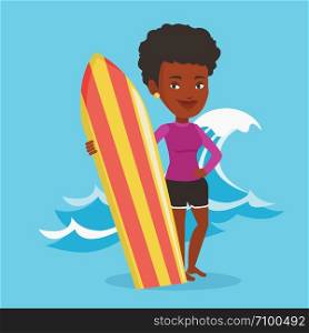 Young woman standing with a surfboard on the beach. Professional surfer with a surf board at the beach. Surfer standing on the background of sea wave. Vector flat design illustration. Square layout.. Surfer holding surfboard vector illustration.
