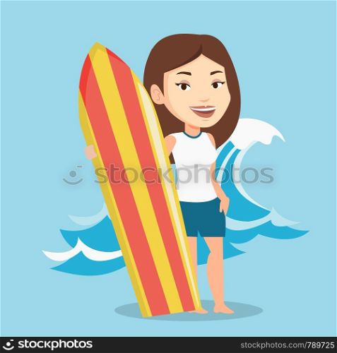 Young woman standing with a surfboard on the beach. Professional surfer with a surf board at the beach. Surfer standing on the background of sea wave. Vector flat design illustration. Square layout.. Surfer holding surfboard vector illustration.