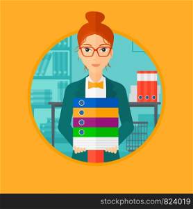 Young woman standing with pile of folders in the office. Office worker holding folders. Business woman carrying stack of folders. Vector flat design illustration in the circle isolated on background.. Woman holding pile of folders.