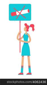 Young woman stands against smoking semi flat color vector character. Standing figure. Full body person on white. Simple cartoon style illustration for web graphic design and animation. Young woman stands against smoking semi flat color vector character