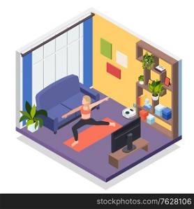 Young woman staying home isometric interior composition with quarantine indoor gym workout fitness activities vector illustration