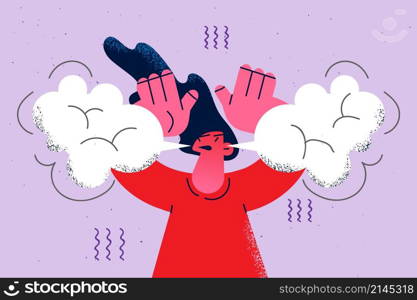 Young woman steaming with rage feel displeased furious with problem or situation. Unhappy female stressed mad angry having troubles. Nervous breakdown or burnout. Vector illustration. . Angry woman steaming with rage suffer from burnout