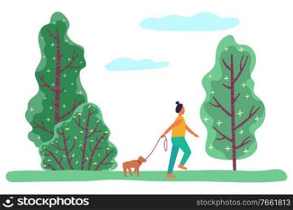 Young woman strolling in forest or meadow among trees and shrubs. Person play with her little pet, puppy on leash. Beautiful landscape, nature. Vector illustration of walking domestic dog in flat. Woman Walking with Little Dog, Puppy in Forest