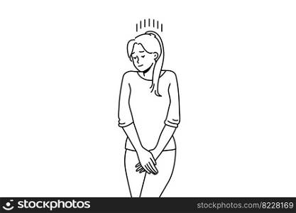 Young woman suffer from cystitis or urinary infection feel desire to pee. Unhealthy female struggle with urinal disease. Vector illustration. . Woman suffer from urinary infection 