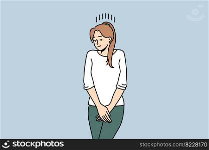 Young woman suffer from cystitis or urinary infection feel desire to pee. Unhealthy female struggle with urinal disease. Vector illustration. . Woman suffer from urinary infection 