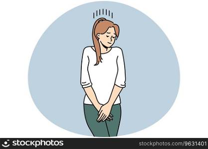 Young woman suffer from cystitis or urinary infection feel desire to pee. Unhealthy female struggle with urinal disease. Vector illustration.. Woman suffer from urinary infection