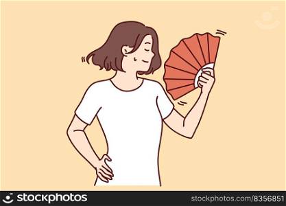 Young woman suffer from hot weather wave with hand fan. Unwell female struggle with heatstroke use waver for fresh air. Vector illustration.. Woman suffer from heatstroke use hand fan