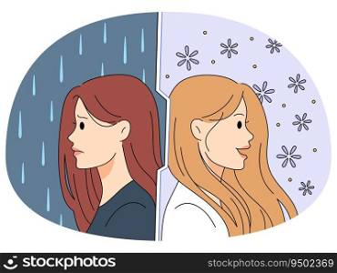 Young woman suffer from mood swing, feeling happy and sad. Girl struggle with personality or bipolar disorder. Psychological or mental problem. Vector illustration.. Woman suffer from personality disorder