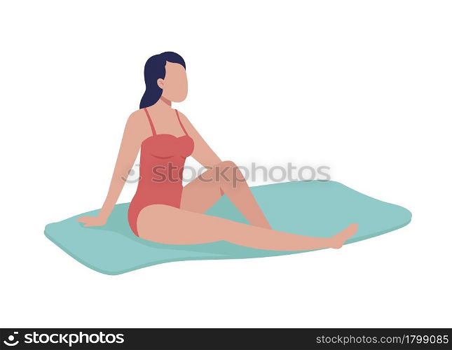 Young woman sunbathing on beach semi flat color vector character. Posing figure. Full body person on white. Taking sunbath isolated modern cartoon style illustration for graphic design and animation. Young woman sunbathing on beach semi flat color vector character