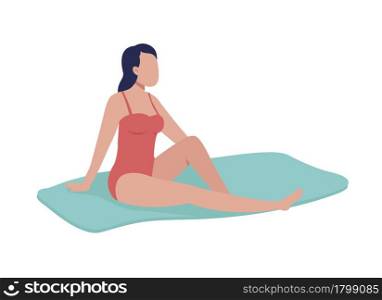 Young woman sunbathing on beach semi flat color vector character. Posing figure. Full body person on white. Taking sunbath isolated modern cartoon style illustration for graphic design and animation. Young woman sunbathing on beach semi flat color vector character