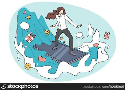 Young woman surfing internet on modern smartphone gadget. Millennial girl browsing web on cellphone. Social media and devices technology concept. Vector illustration.. Woman surfing internet on cellphone gadget