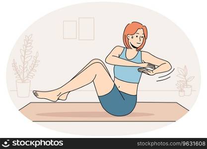 Young woman sweating doing exercises training on mat at home. Sportive motivated girl do sport workout indoors. Physical activity. Vector Illustration.. Woman training on mat at home
