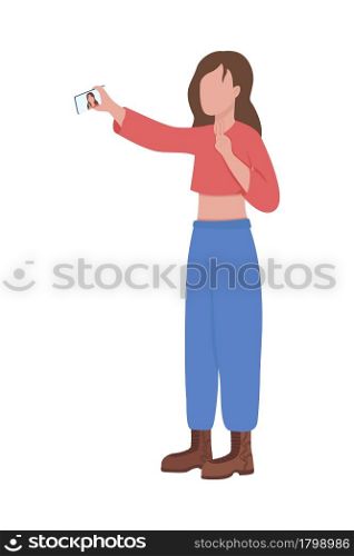 Young woman takes selfie semi flat color vector character. Full body person on white. Posing for smartphone camera isolated modern cartoon style illustration for graphic design and animation. Young woman takes selfie semi flat color vector character