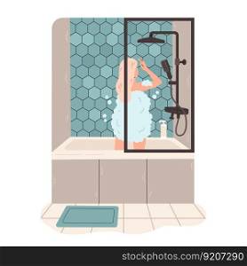 Young woman taking shower flat vector illustration. Girl standing and washing her body using shower gel, taking care of herself. Hygiene, bath, morning routine concept. Vector illustration