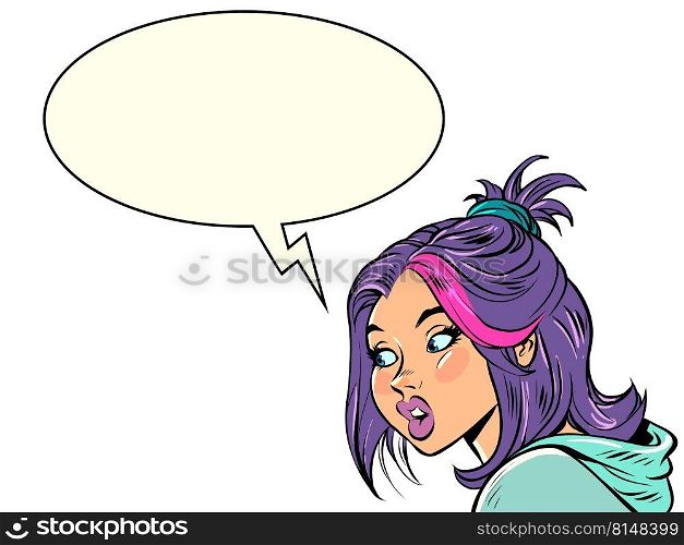 Young woman talking, communication dialogue comic bubble. Pop art style. Comic cartoon style kitsch vintage hand drawn illustration. Young woman talking, communication dialogue comic bubble. Pop art style