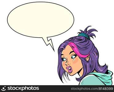 Young woman talking, communication dialogue comic bubble. Pop art style. Comic cartoon style kitsch vintage hand drawn illustration. Young woman talking, communication dialogue comic bubble. Pop art style