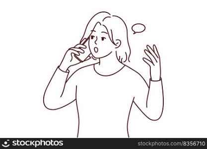 Young woman talking on cellphone shocked with unexpected news. Female have smartphone call surprised with message. Vector illustration.. Woman talk on cellphone shocked with news