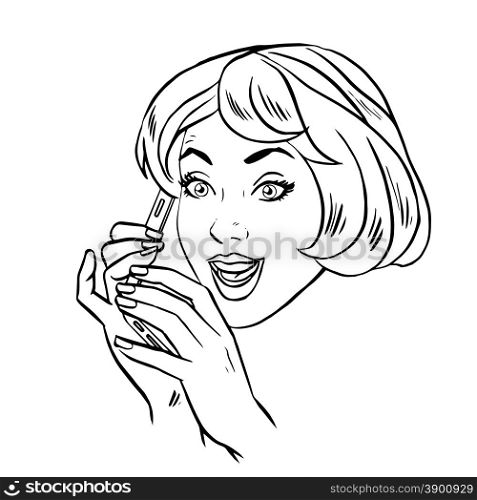 Young woman talking on smartphone retro line art graphics. Young woman talking on smartphone retro line art