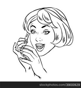 Young woman talking on smartphone retro line art graphics. Young woman talking on smartphone retro line art